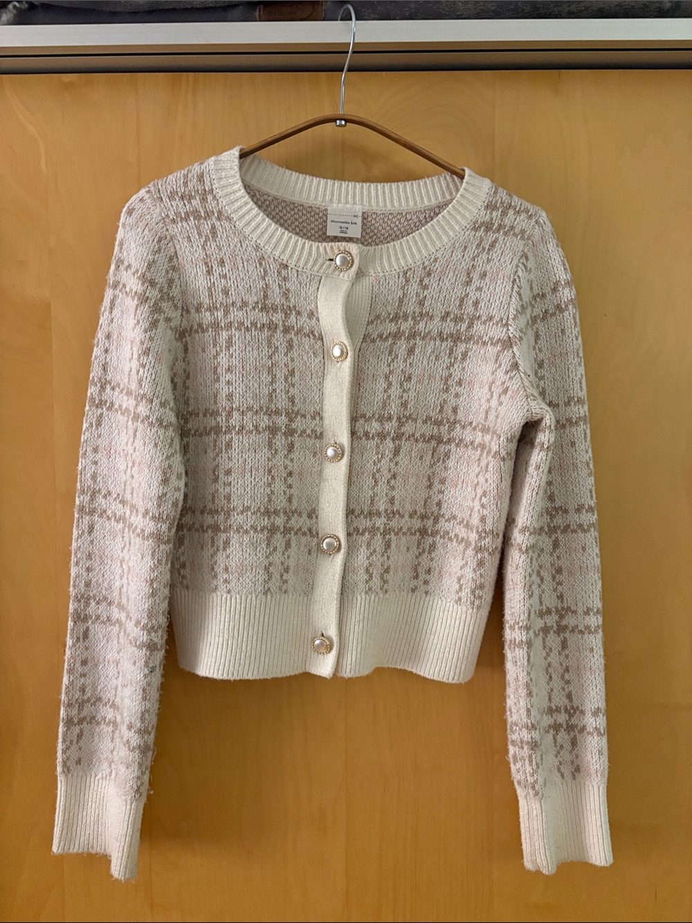 abercrombie kids Cream and Beige Plaid Knit Cardigan